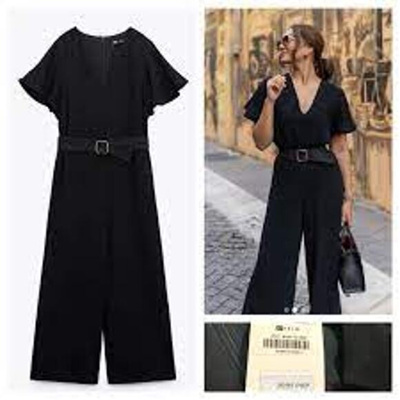 ZARA BELTED RUFFLED JUMPSUIT BLACK - Picture 1 of 11